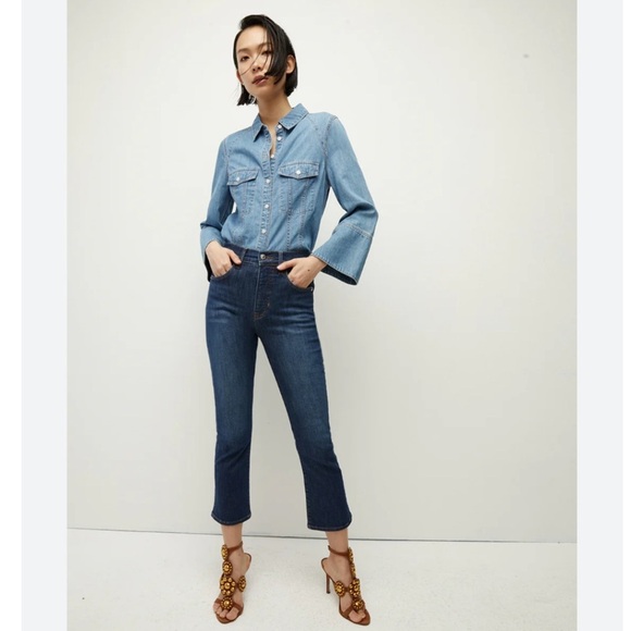 Veronica Beard Carly Kick Flare Crop High Rise Jeans in Blue - Picture 8 of 8